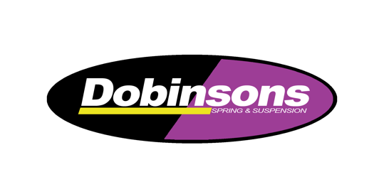 The Dobinsons Spring & Suspension logo: an oval divided diagonally between black and purple, with white text.