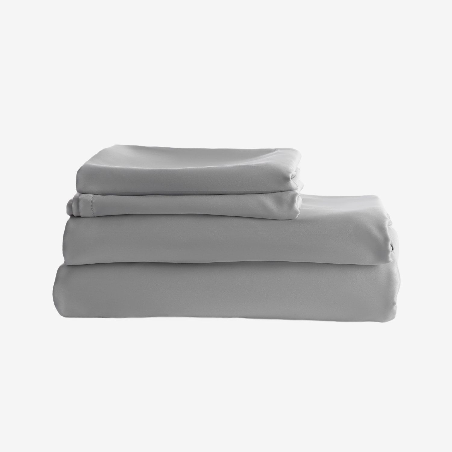 Gray bed sheet set, folded and stacked.