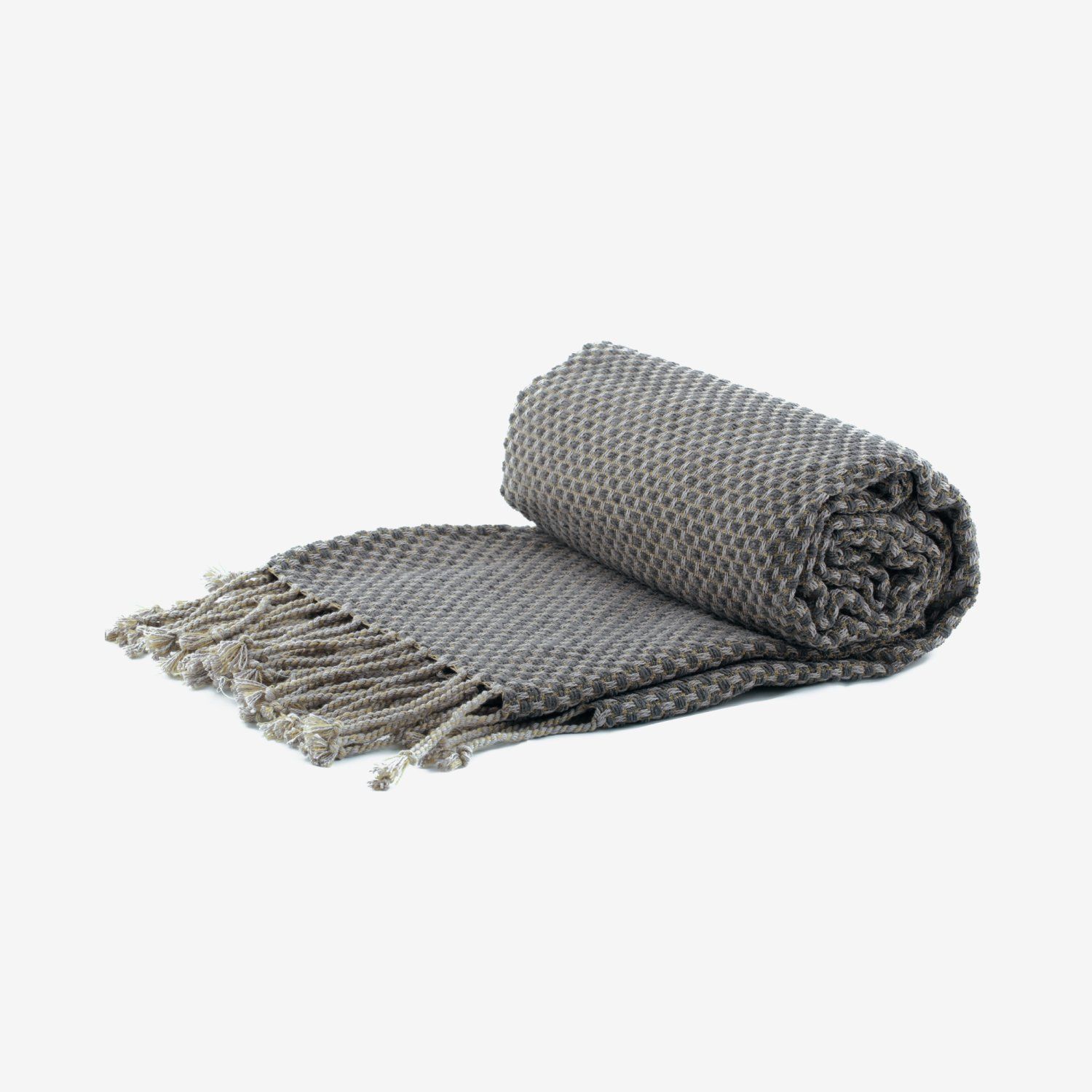 Gray textured throw blanket with fringed edge, rolled up.