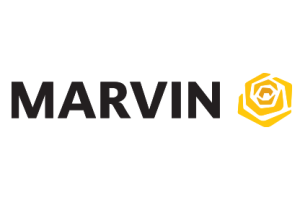 A logo for marvin windows with a yellow rose on a white background.