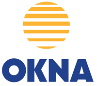 A logo for okna windows with a yellow and blue circle
