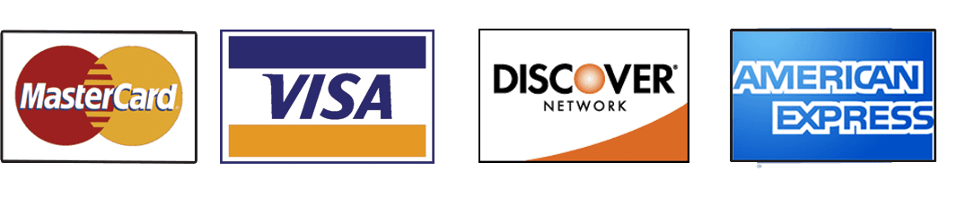 MasterCard, Visa, Discover, and American Express logos.
