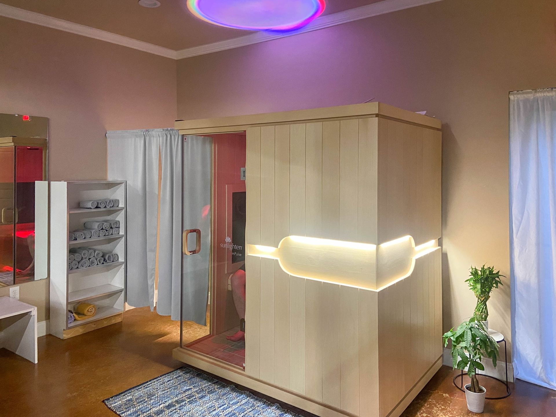 A room with a sauna and a plant in it.