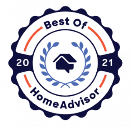 Best of HomeAdvisor 2021 badge; blue and orange, circular design.