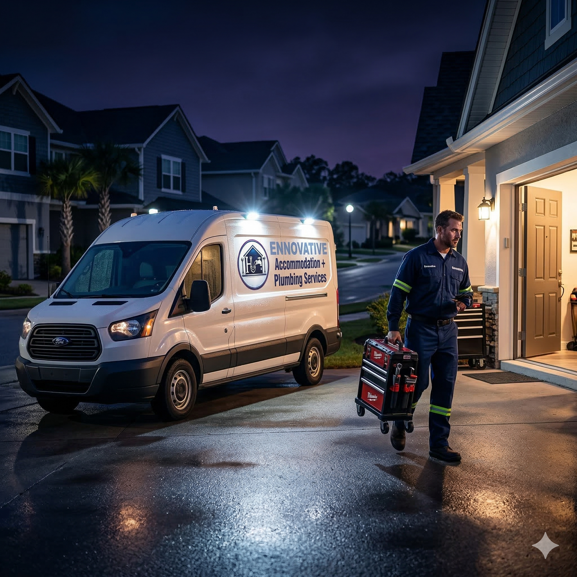 A service technician carries a rolling red tool chest from a branded white van to a suburban home at dusk.