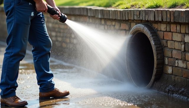 A person uses a pressure washer to spray water into a large, circular storm drain set into a brick wall.