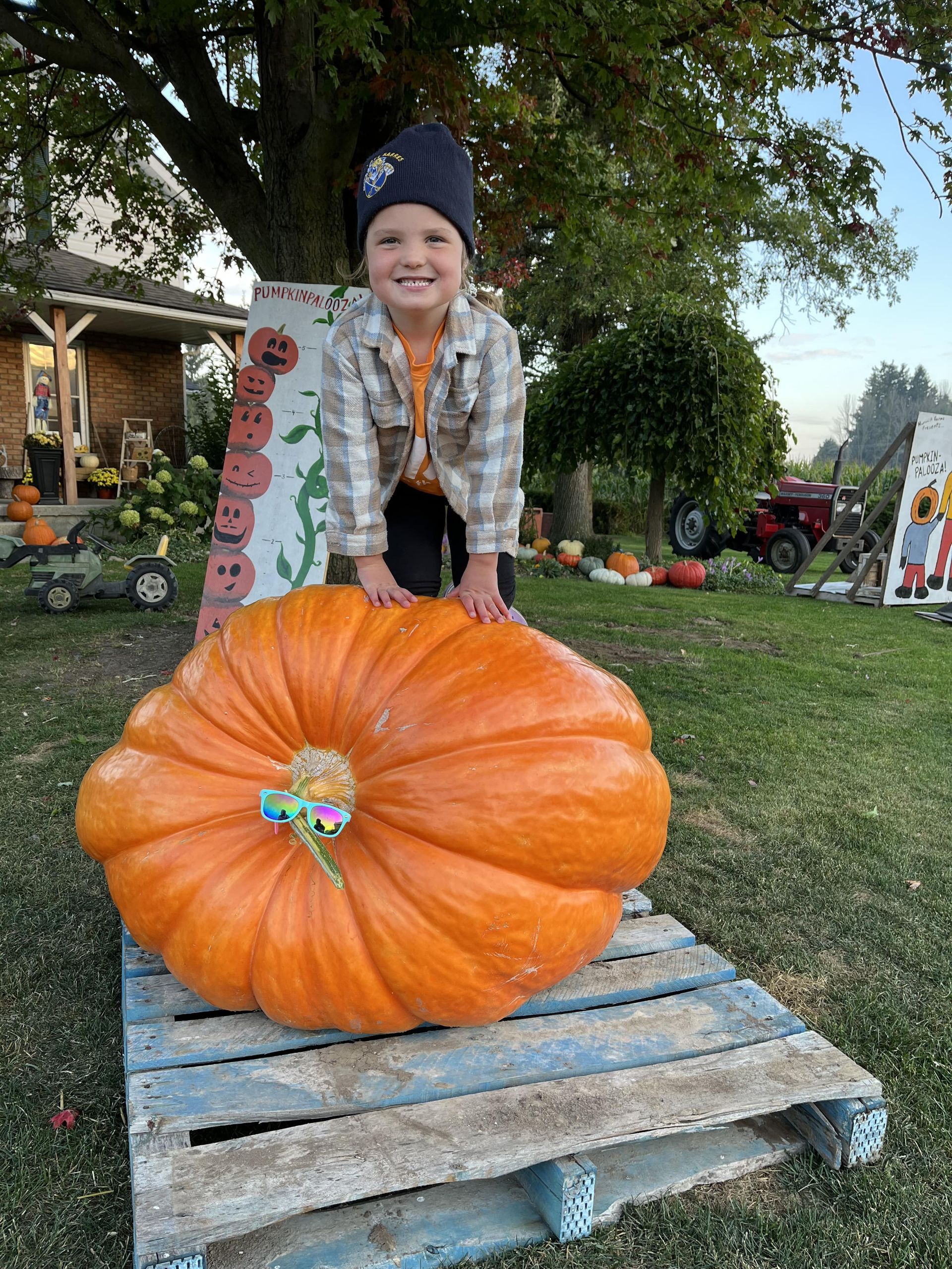 A little boy is sitting on top of a large pumpkin.