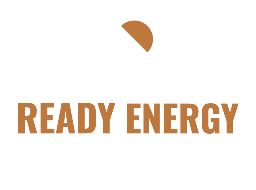 A logo for ready energy with a sun in the background.