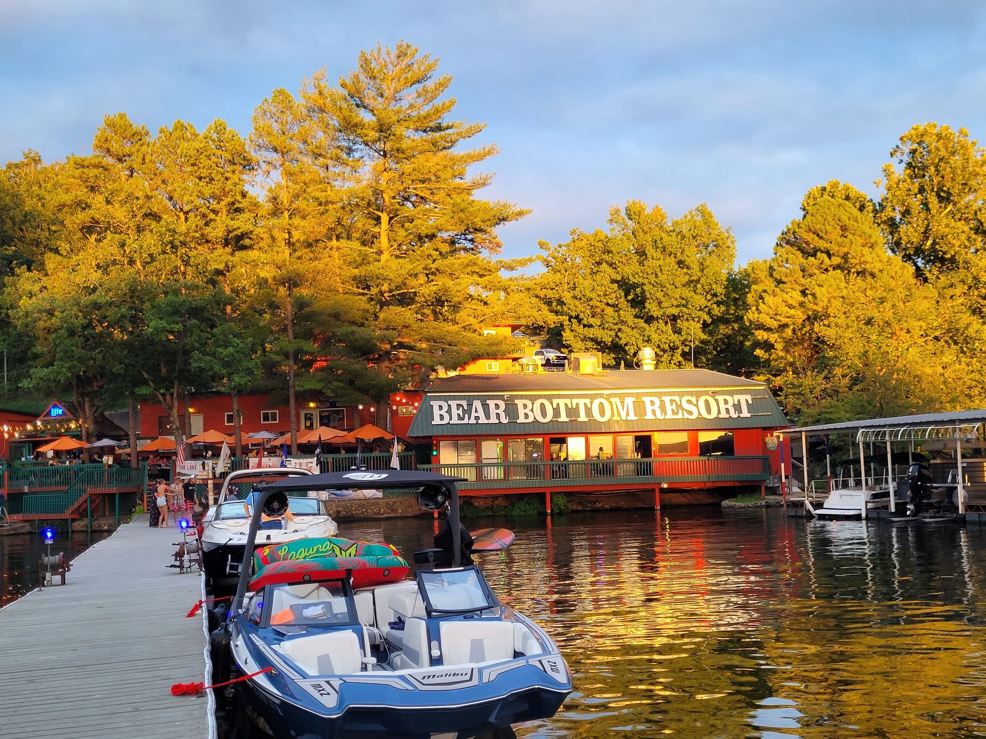 A boat is docked at the bear bottom resort