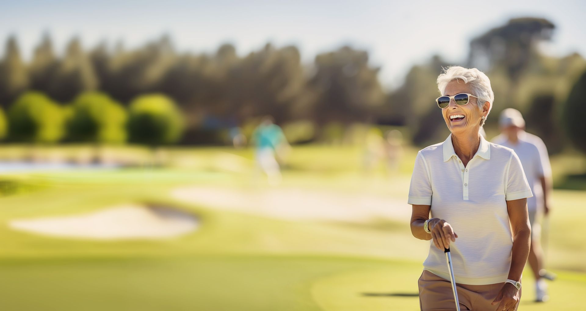 An elderly woman is holding a golf club on a golf course.