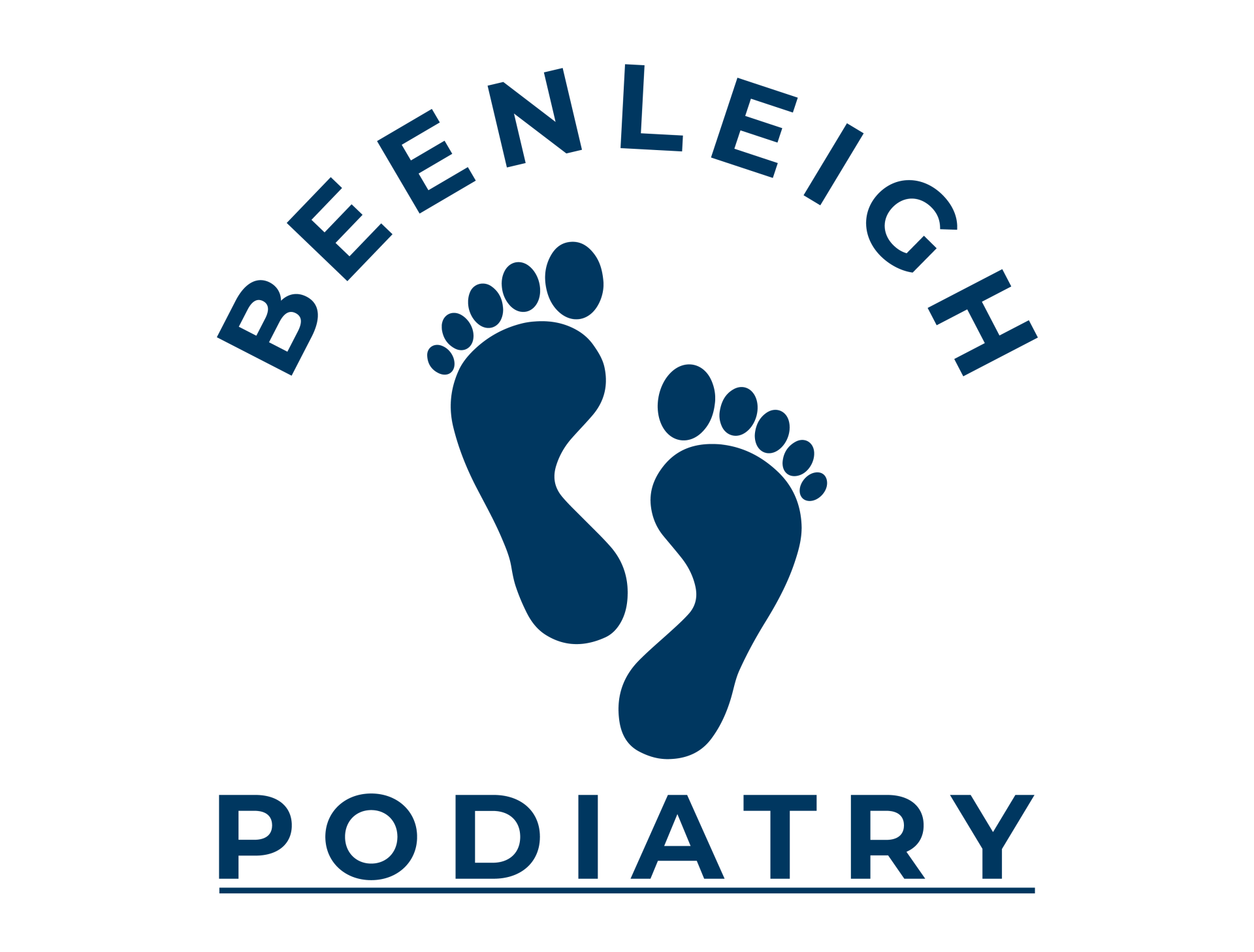 Logo for Beenleigh Podiatry with blue footprints and text.