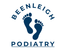 Beenleigh Podiatry Centre Logo for Beenleigh Podiatry with blue footprints and text.