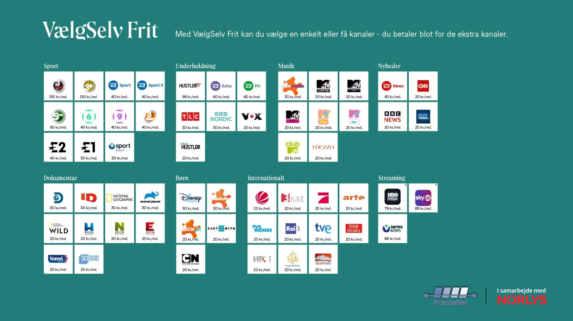 Oversigt over tv-kanaler i de forskellige tv-pakker fra PræstøNet