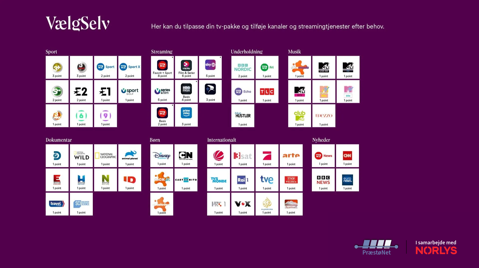 Oversigt over tv-kanaler i de forskellige tv-pakker fra PræstøNet