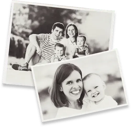 Family smiling together in sepia-toned photos. Outdoor and indoor settings.