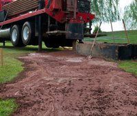 Dump truck unloading wet dirt onto a driveway near a lawn and tree roots