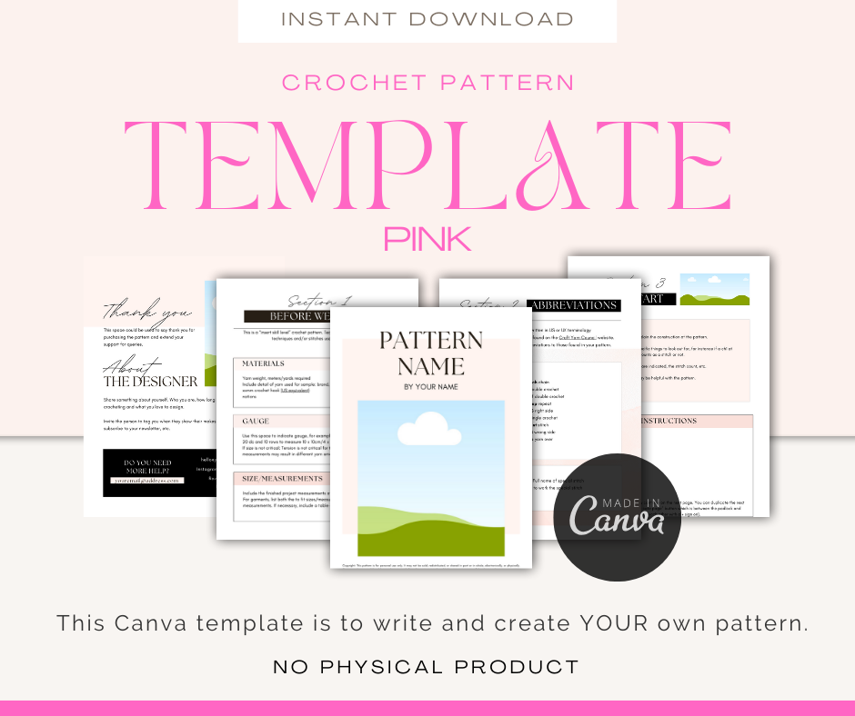 Pink crochet pattern template with Canva logo and text,