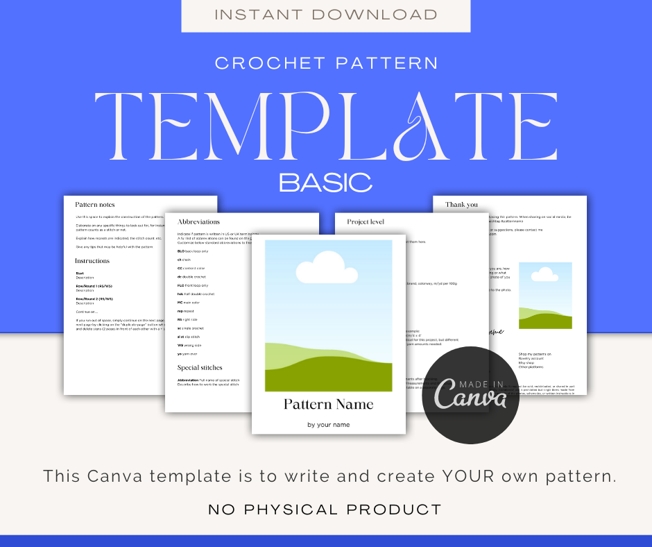 Crochet pattern template on blue, featuring documents and a Canva logo.