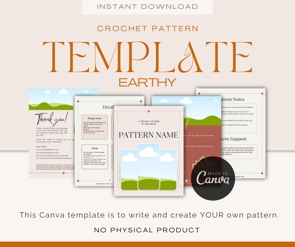 Crochet pattern template with earthy design, featuring Canva logo, and digital download.