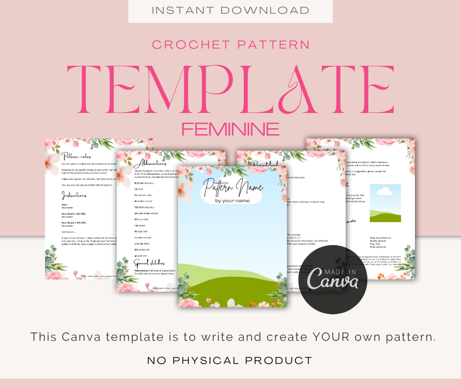 Canva crochet pattern template with feminine design, pink floral accents, and green fields.
