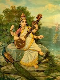 Ganesha, elephant-headed deity, plays a sitar amid swirling, textured blue-grey patterns.