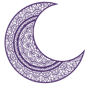 Purple crescent moon with intricate, floral mandala patterns.