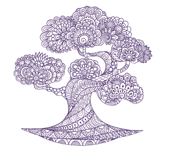 Purple detailed drawing of a bonsai tree, with ornate patterns filling the leaves, trunk, and base.