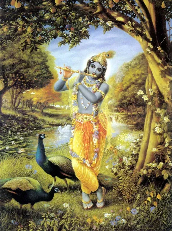Goddess Saraswati playing veena, seated on rock, wearing white sari; peacock on the left.