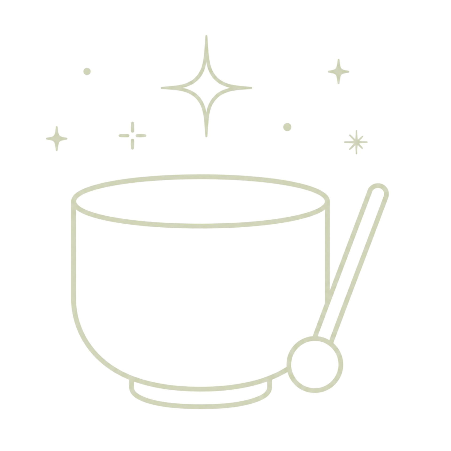 Dessin minimaliste d'un bol chantant blanc avec un maillet et des paillettes au-dessus.