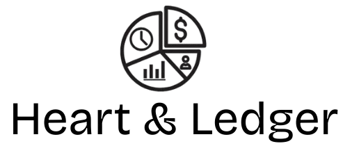 Logo for Heart & Ledger, featuring a pie chart with icons of time, money, data, and a person.