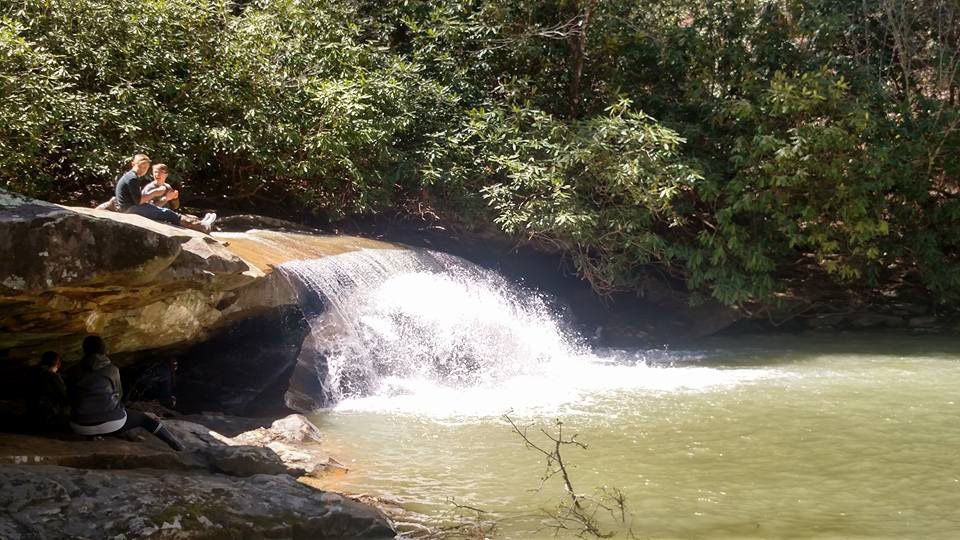 Waterfall cascading into a small pool. Two people sit on a rock, watching. Green trees in the background.