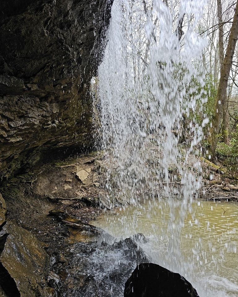 Waterfall cascading over rocky ledge into a pond.