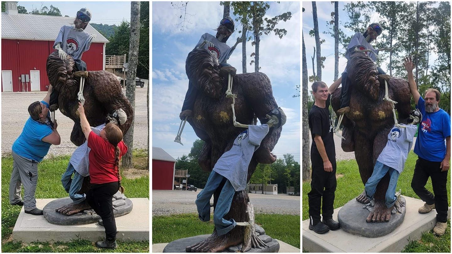 Three photos: People interacting with a bronze statue of a large, fantastical creature. They are climbing on it, posing. Outdoor setting.