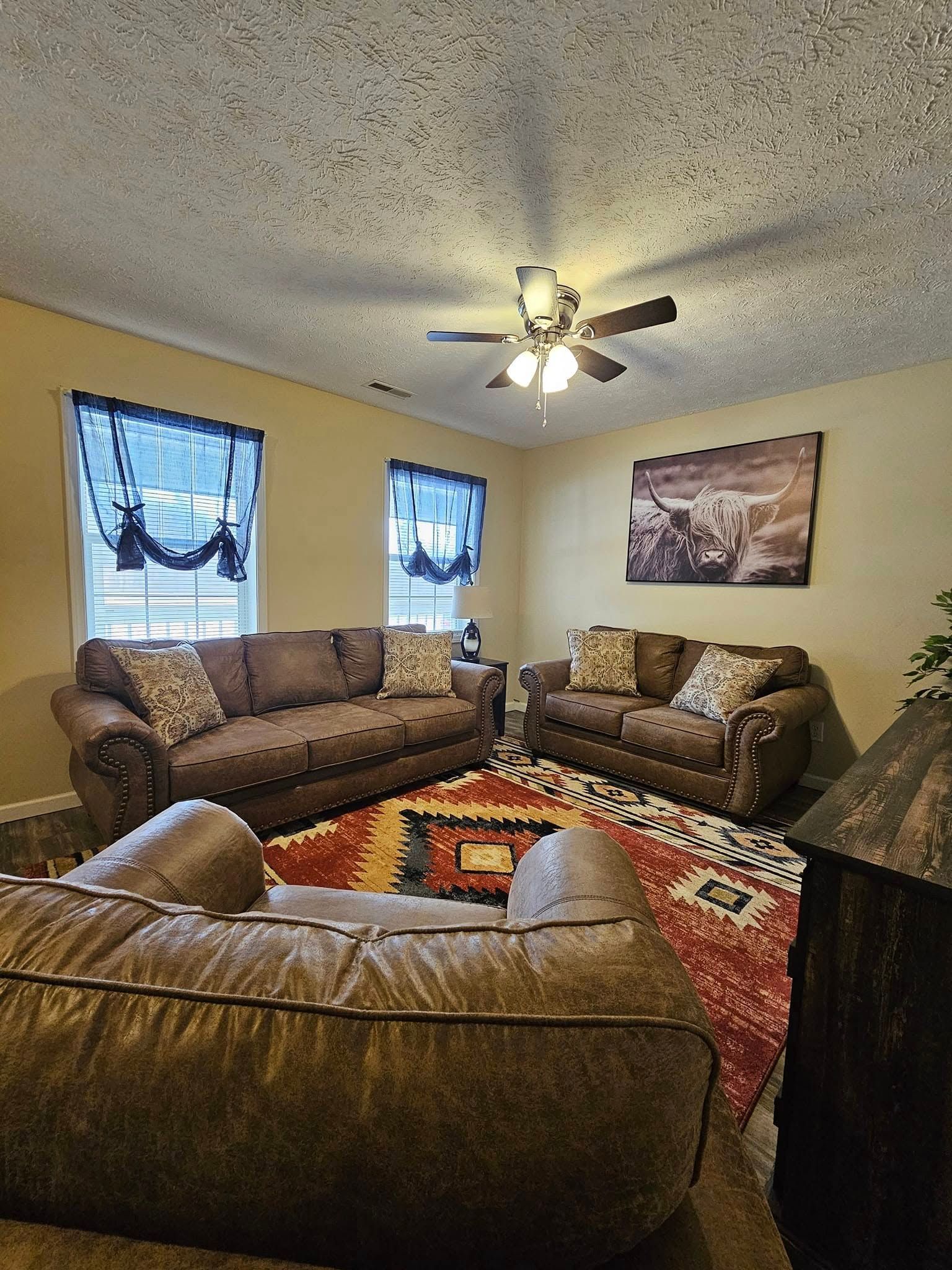 Living room with brown sofas, patterned rug, landscape art, and a ceiling fan.