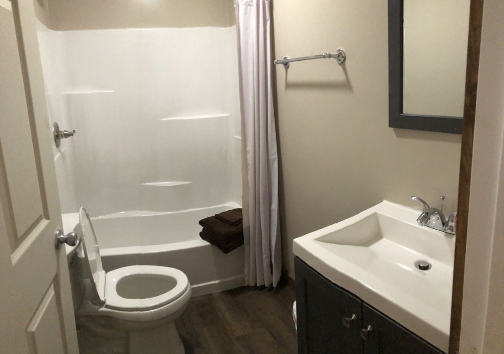 Bathroom with white tub/shower, toilet, dark gray vanity, and wood-look flooring.
