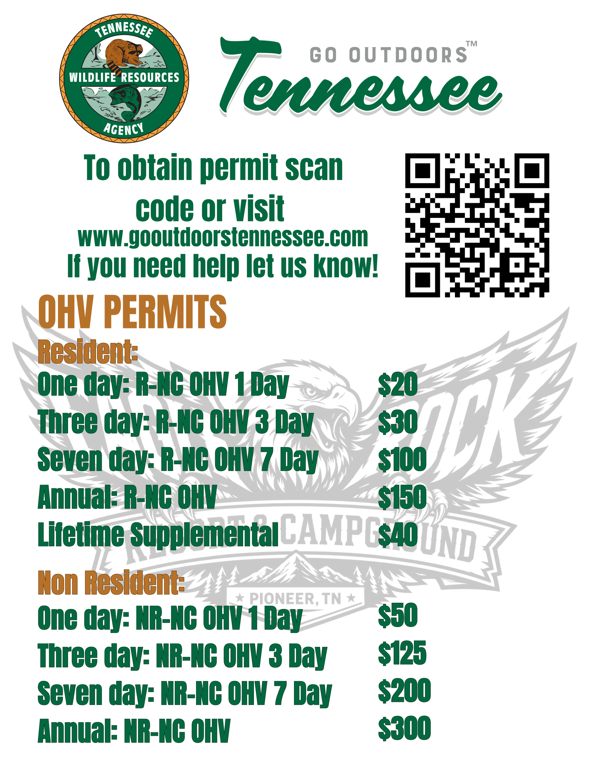 Tennessee OHV permit information. Text listing permit types, costs, and instructions for obtaining one.