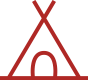 Red line drawing of a tent with a curved opening at the base.
