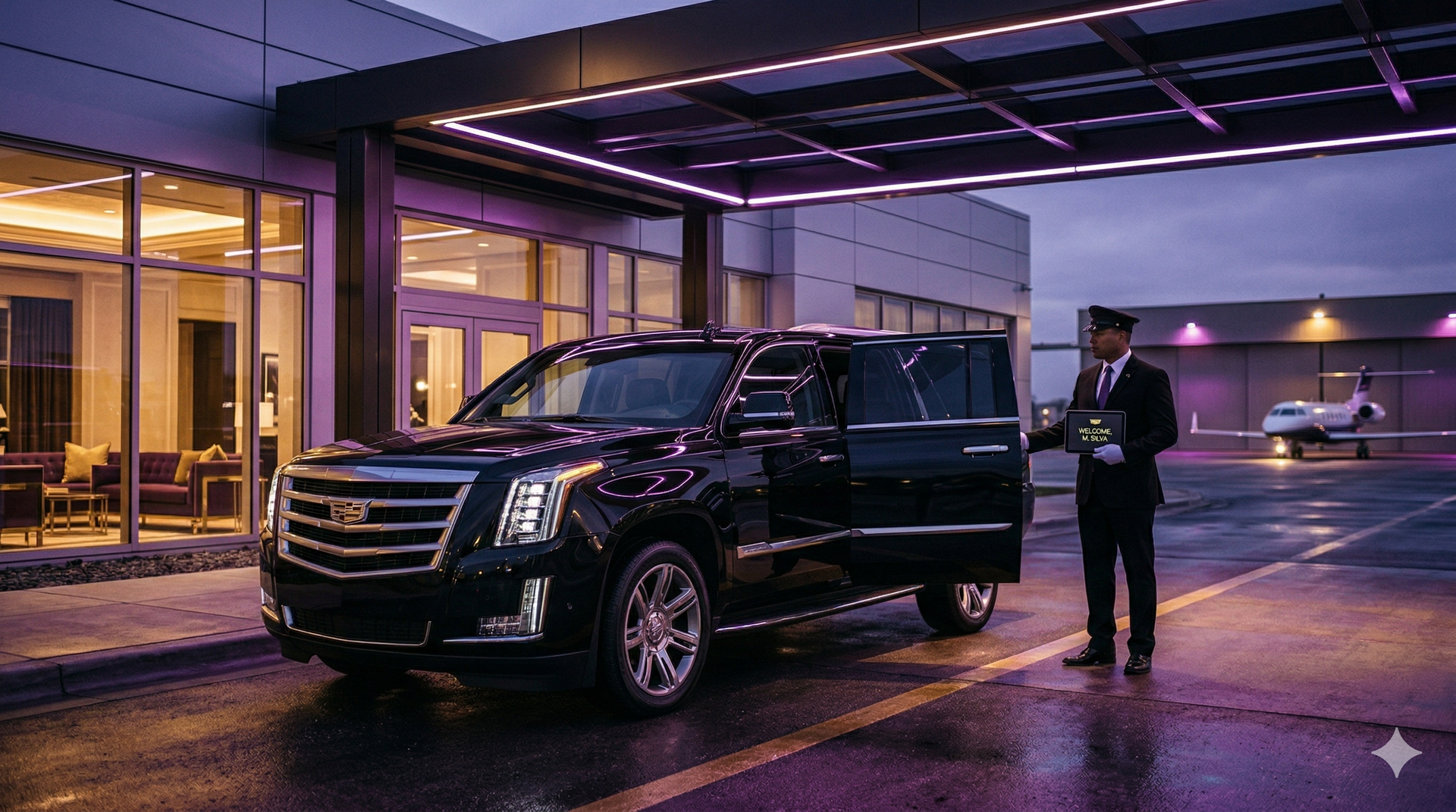 A chauffeur in a suit stands by a black Cadillac SUV with its door open at an airport terminal at dusk.