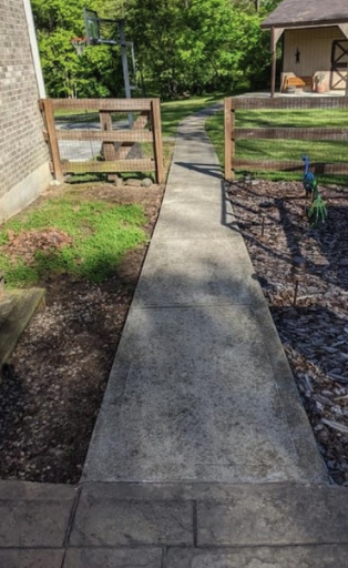 A concrete walkway leading to a house with a wooden fence.