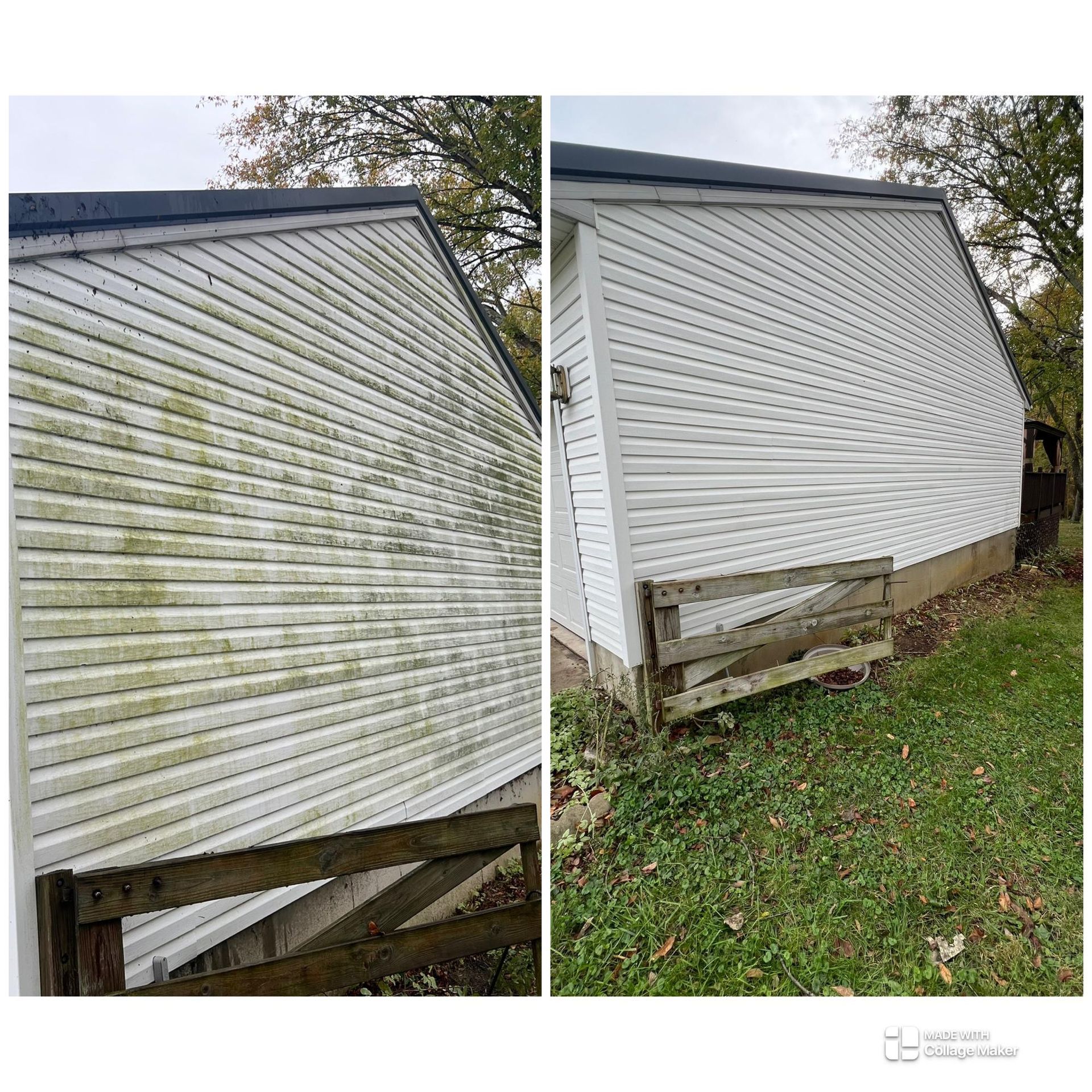 White vinyl-sided house exterior with green algae stains and damaged lower siding, shown in two side-by-side views