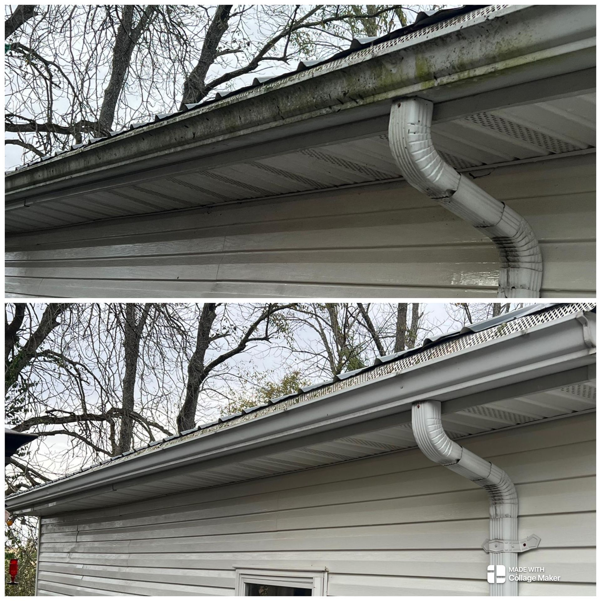 Split view of a house gutter with a white downspout before and after repair or cleaning