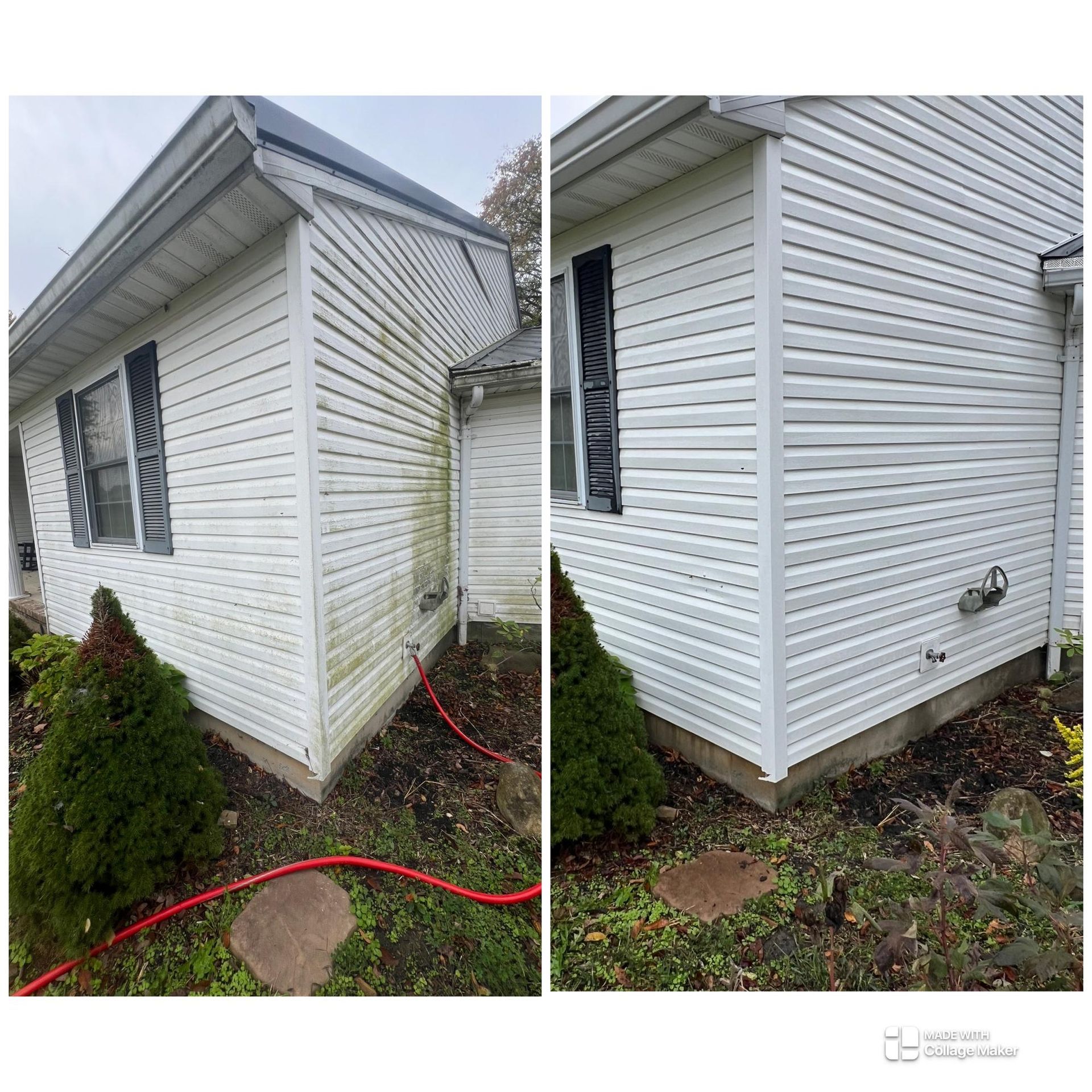 Split view of a white house exterior with siding damage and a red hose along the foundation