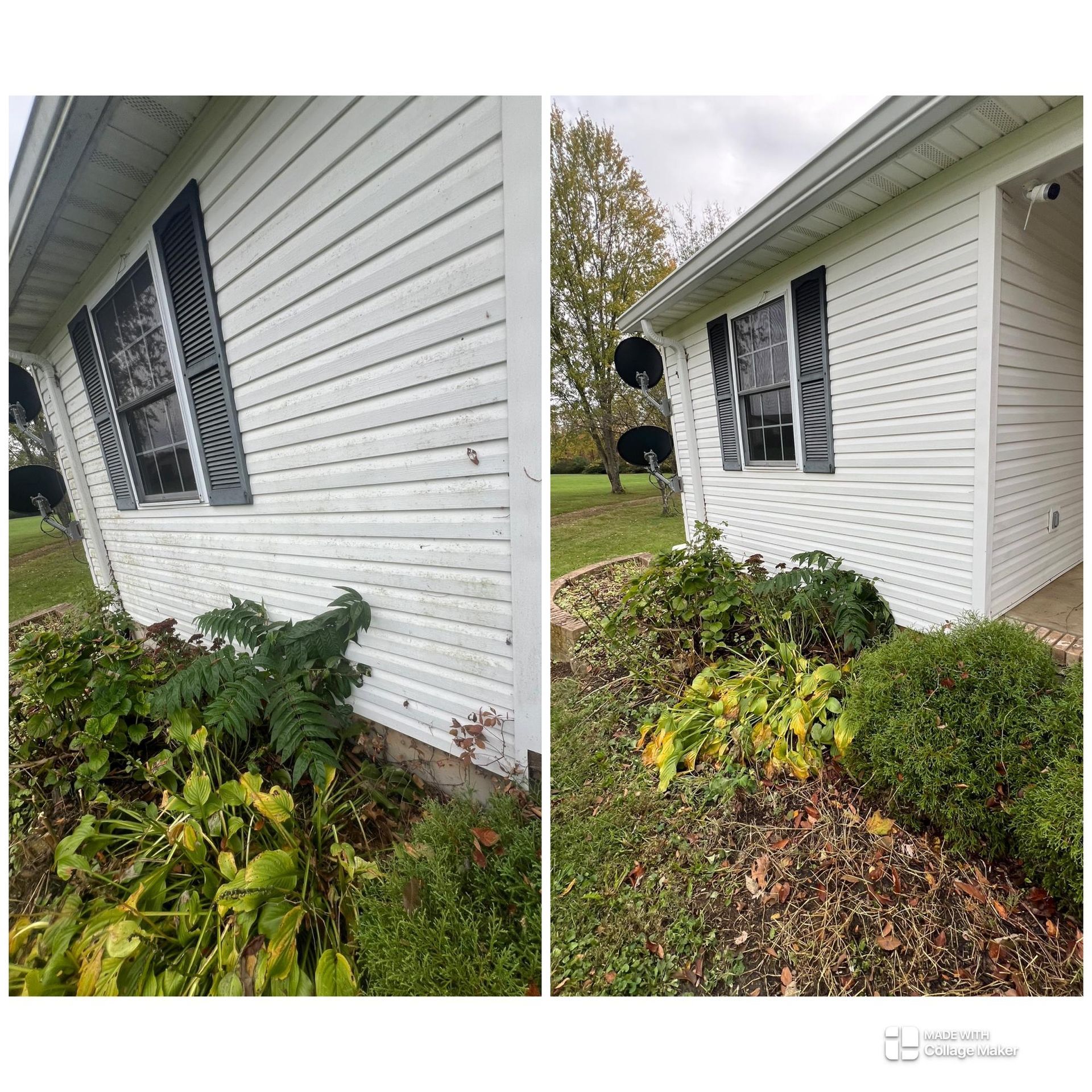 Before-and-after view of a white house exterior with trimmed shrubs and garden beds