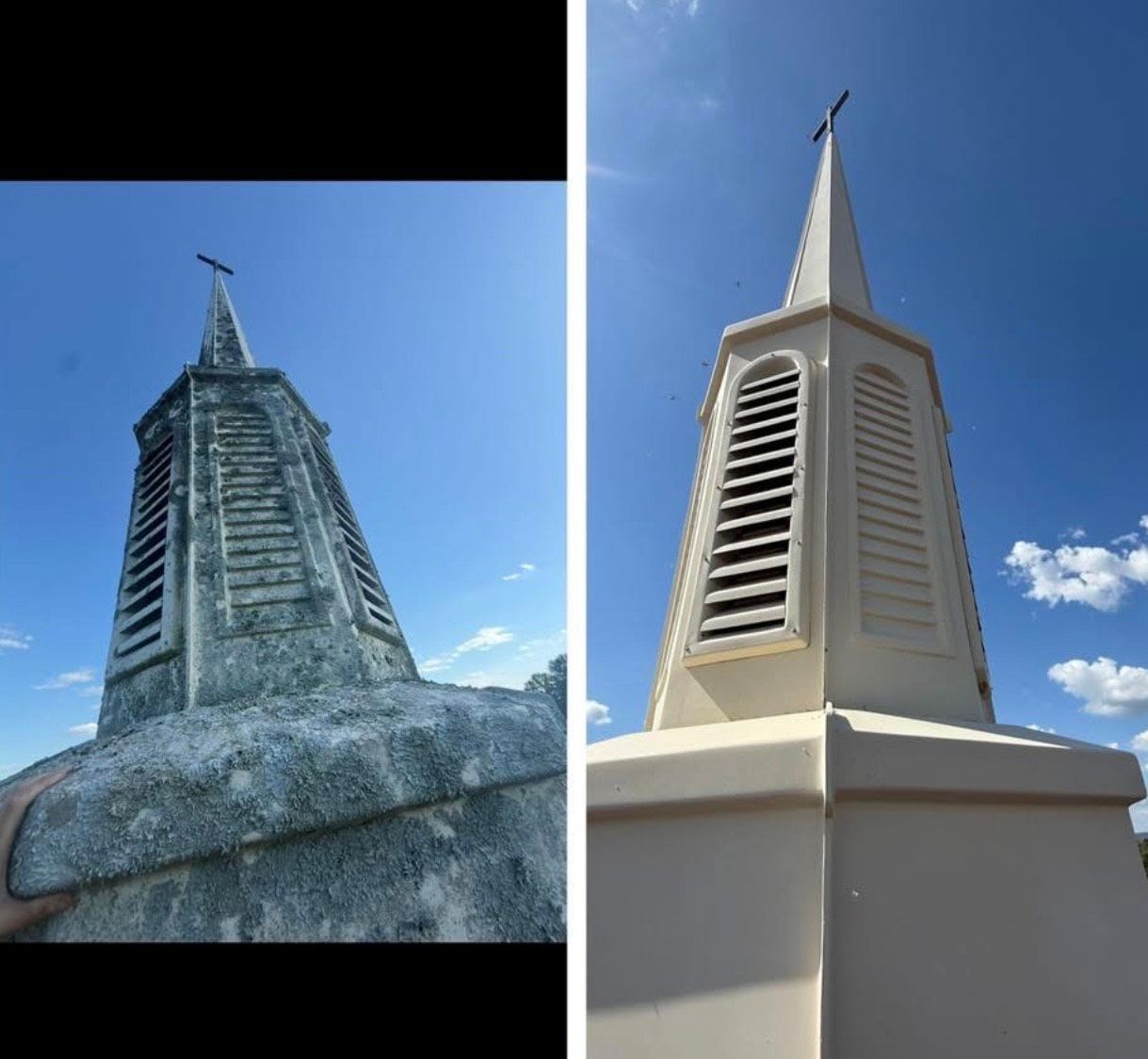 Side-by-side photos of a tall white tower under a blue sky, shown before and after cleaning