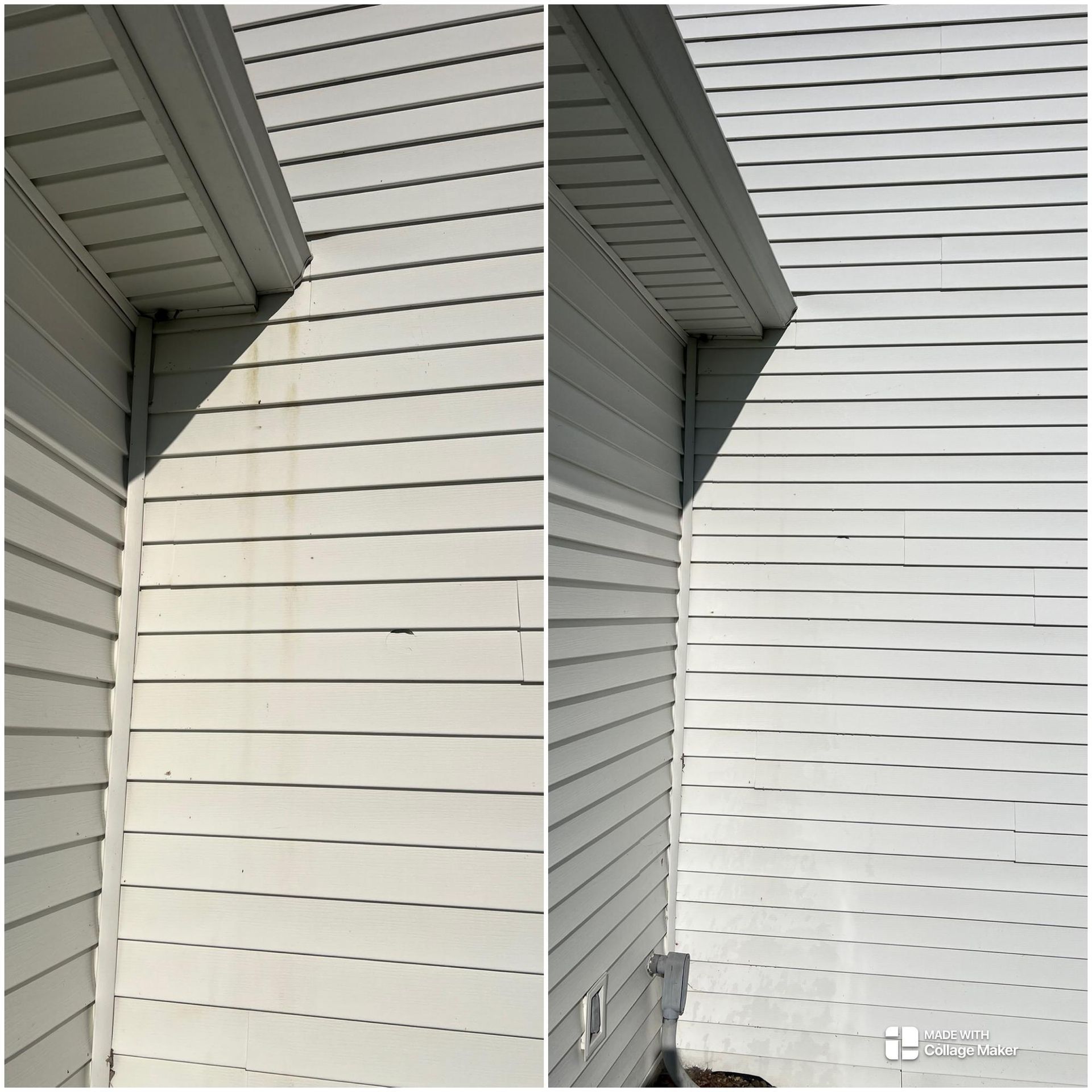 Side-by-side views of a white vinyl house exterior with siding and eaves in daylight