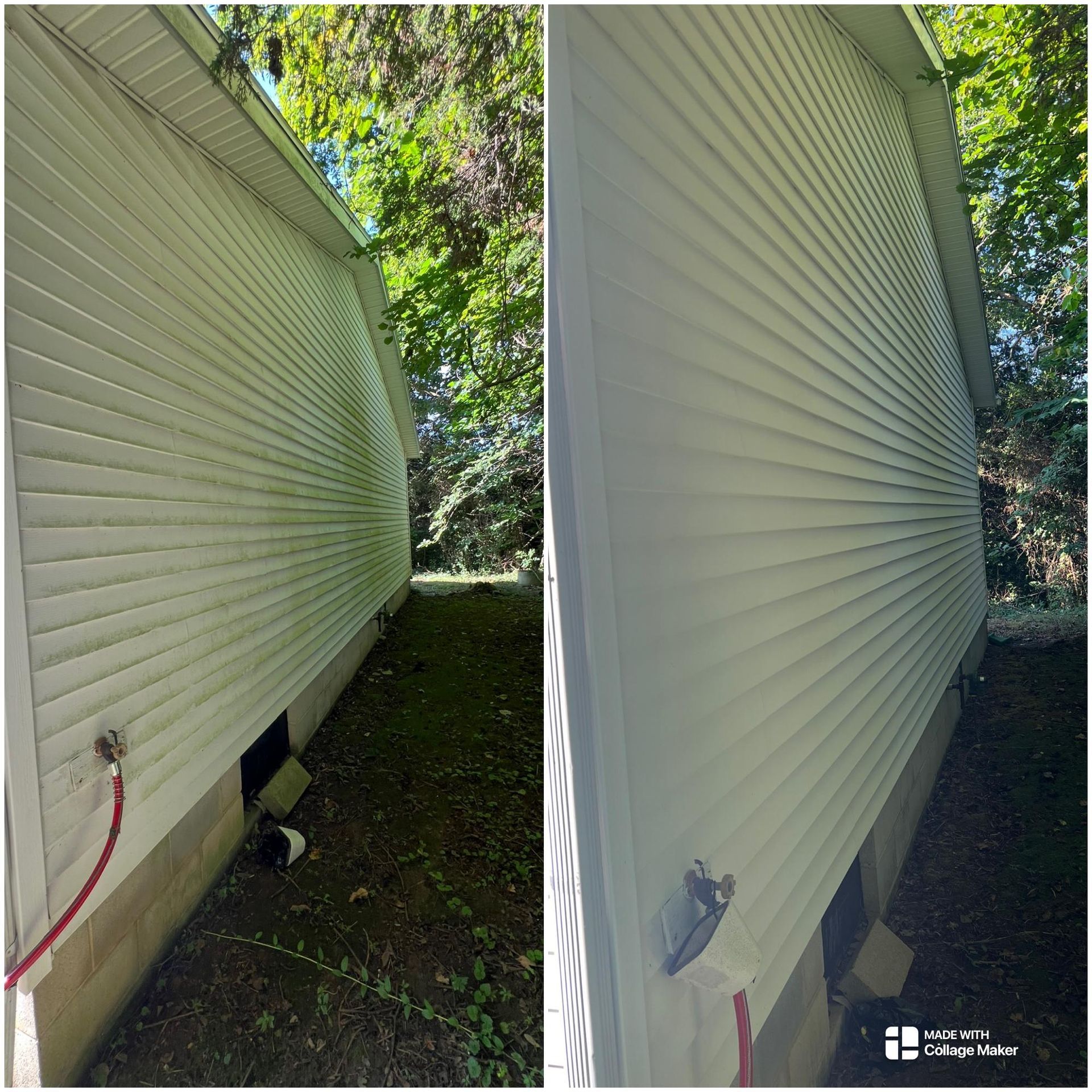 Two side-by-side views of a white house’s vinyl siding and narrow grassy gap between homes.