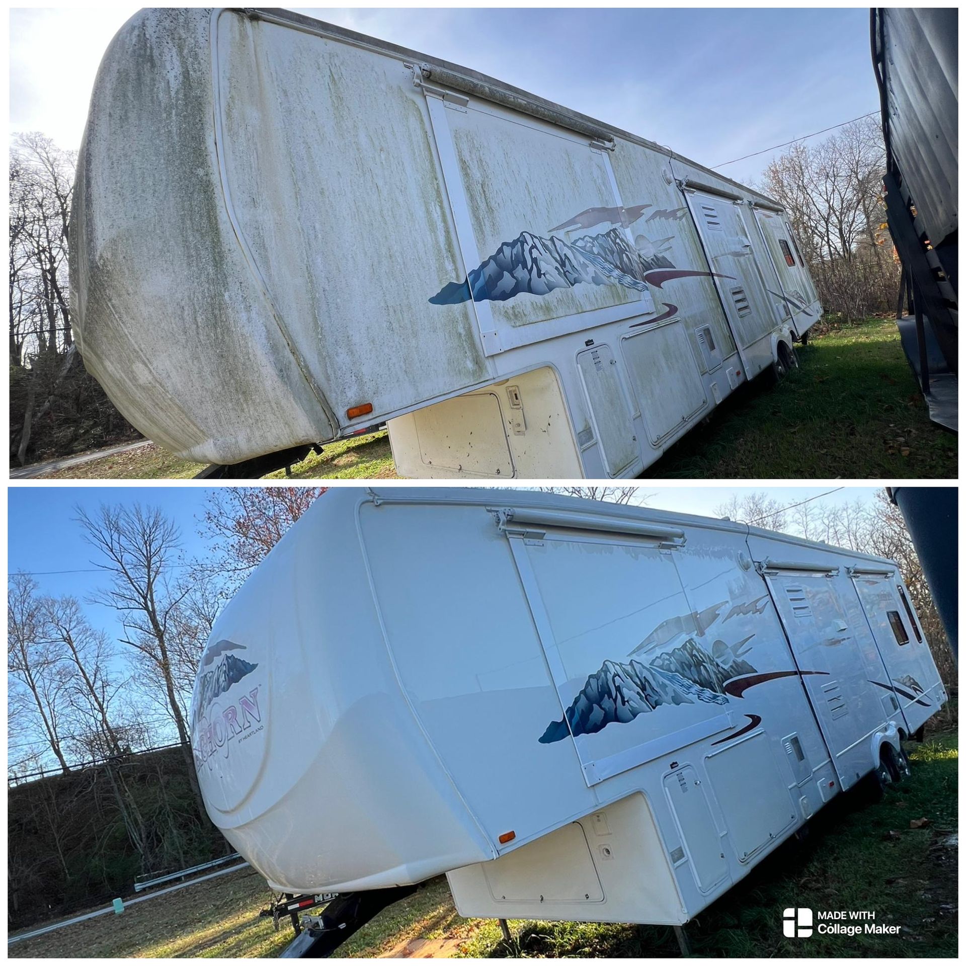 White travel trailer with mountain decals shown from two angles outdoors on grass under a blue sky