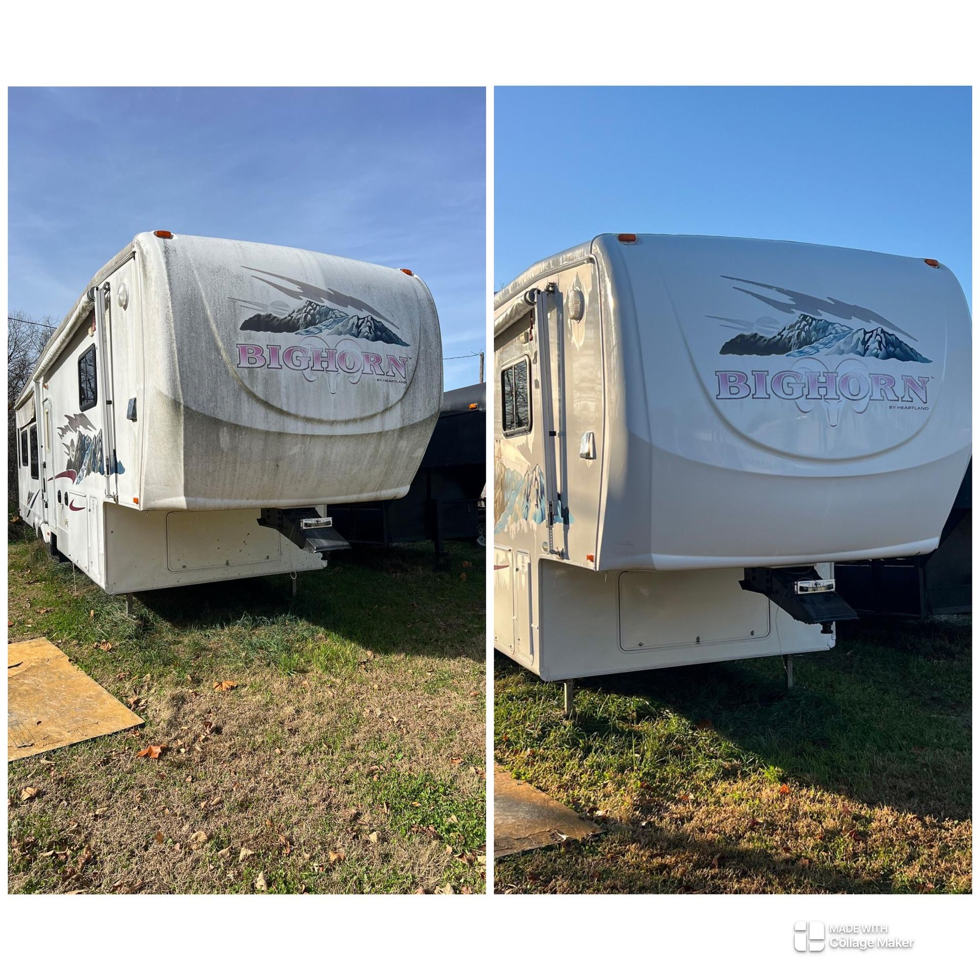 Before and after photos of a white camper trailer with repaired front panel, parked on grass under a blue sky