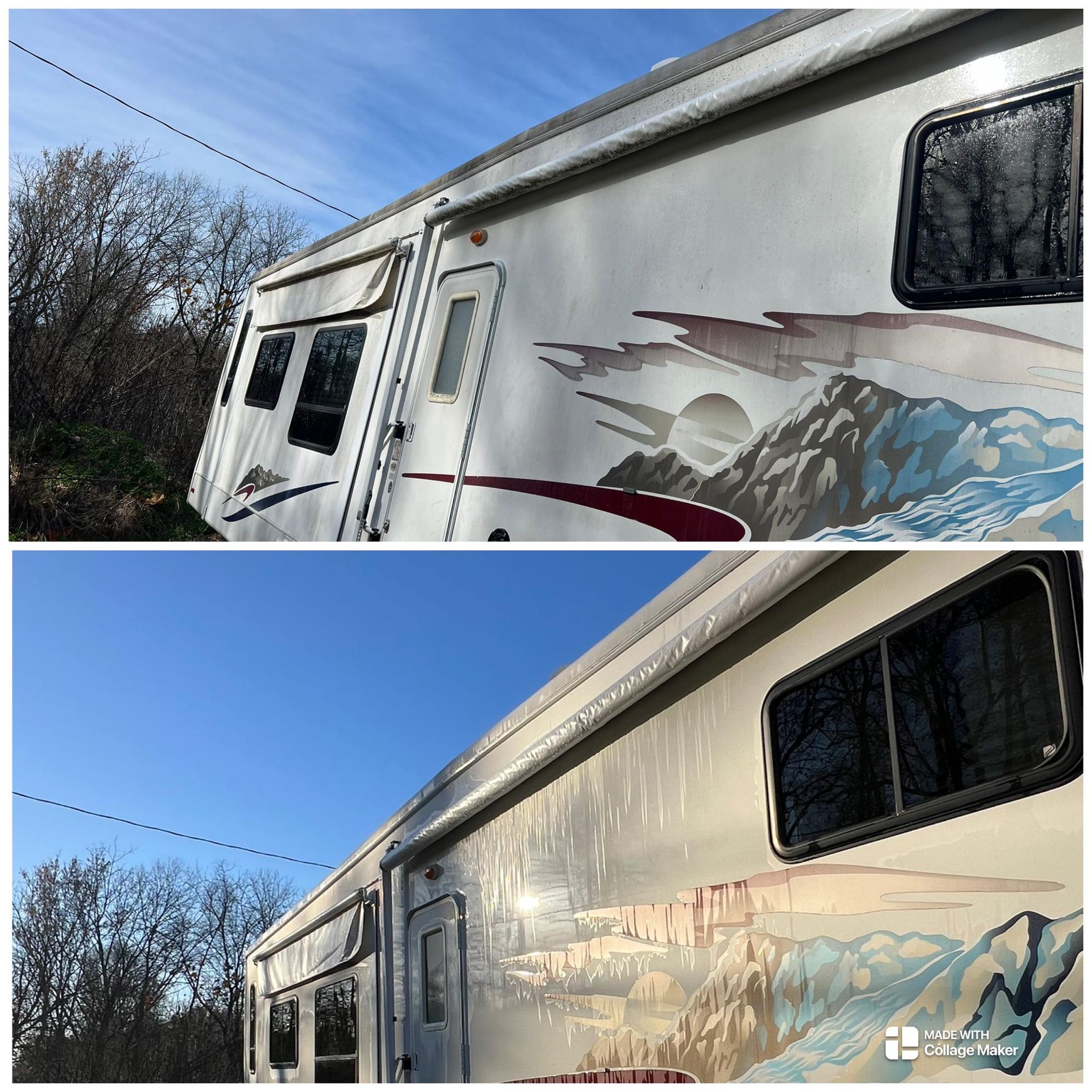 Side view of a white RV with mountain decals, shown in two lighting conditions against a blue sky.