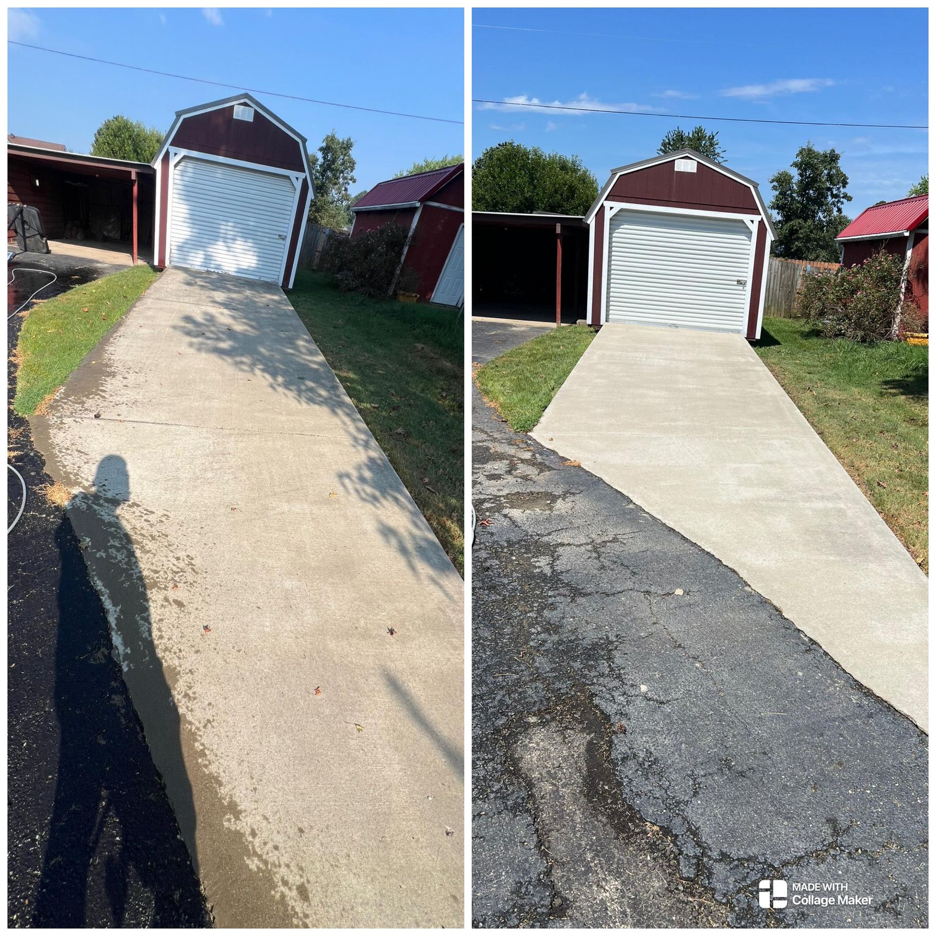 Side-by-side driveway before-and-after: old cracked concrete replaced with smooth new concrete leading to a garage.